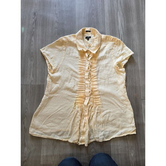 Talbots Womens Pure Irish Linen Yellow Short Sleeve Pleated Button-Up Shirt L - Picture 1 of 8